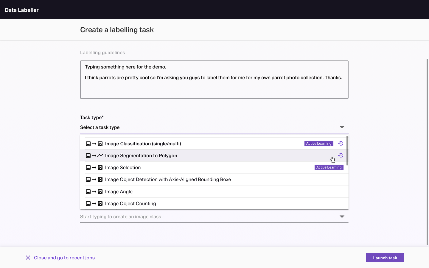 A high-fidelity prototype of AI Labeller create task screen.